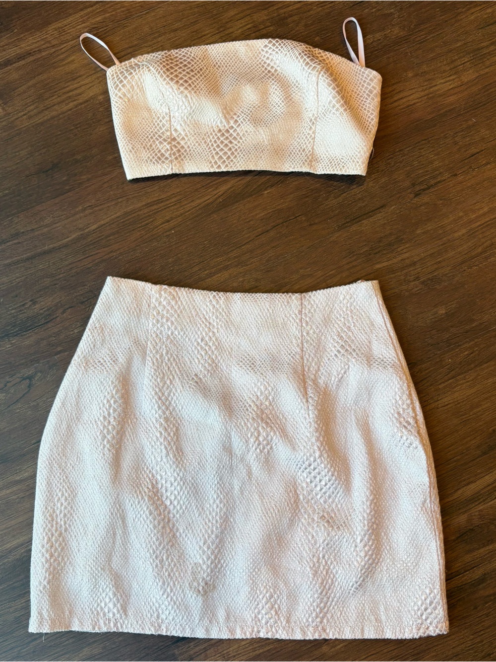 Superdown Revolve Coquette Gabija Pink Metallic 2 Piece Set Tube Top Mini Skirt
